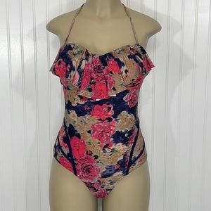 Bond-Eye Australia Floral Sweetheart Neckline Ruffle Low Back Swimsuit Size 8